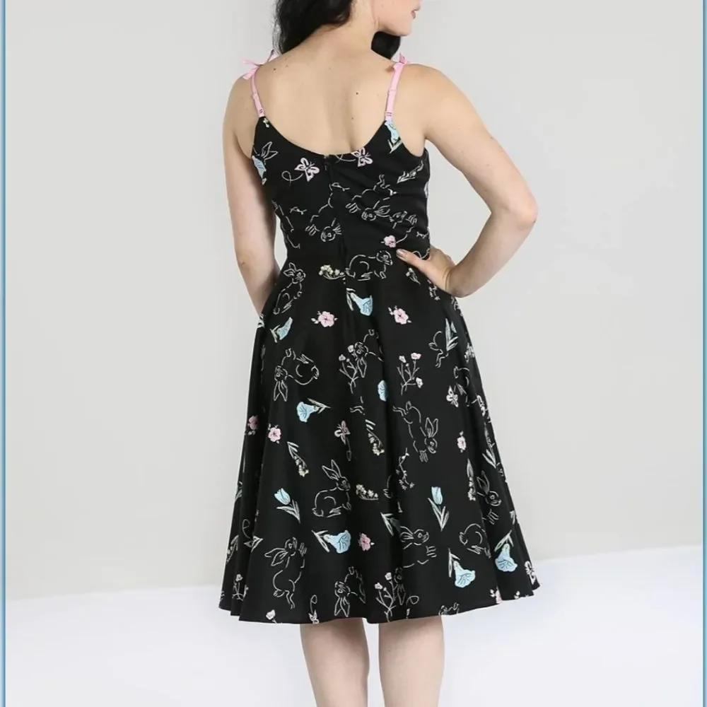 Hell Bunny NWT cotton Black Floral Bunnies Small  Easter dress Pin Up 50s - Picture 4 of 4